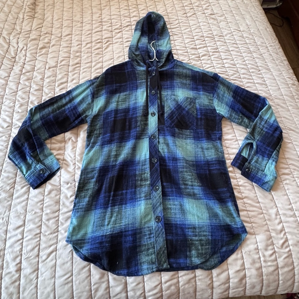 Maurices Navy and Teal Plaid Hooded Flannel Shirt